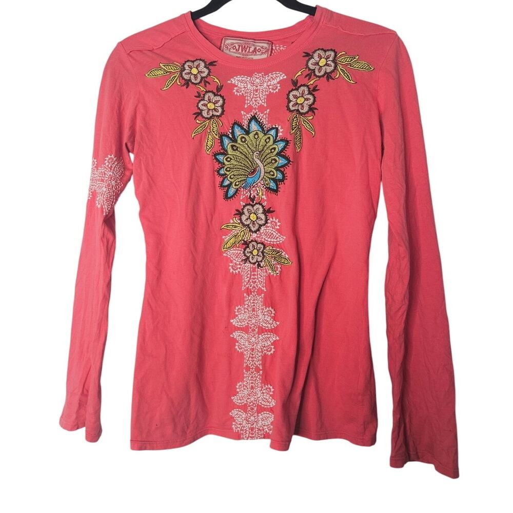 Johnny Was S Pink Long Sleeve Cotton T Shirt Embroidered Peacock Boho Western